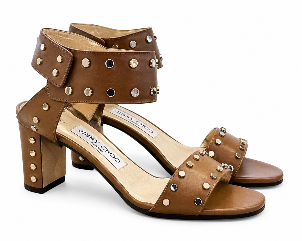 Jimmy Choo Veto 65 Brown Leather Studded Block Heel Sandals Size 37.5